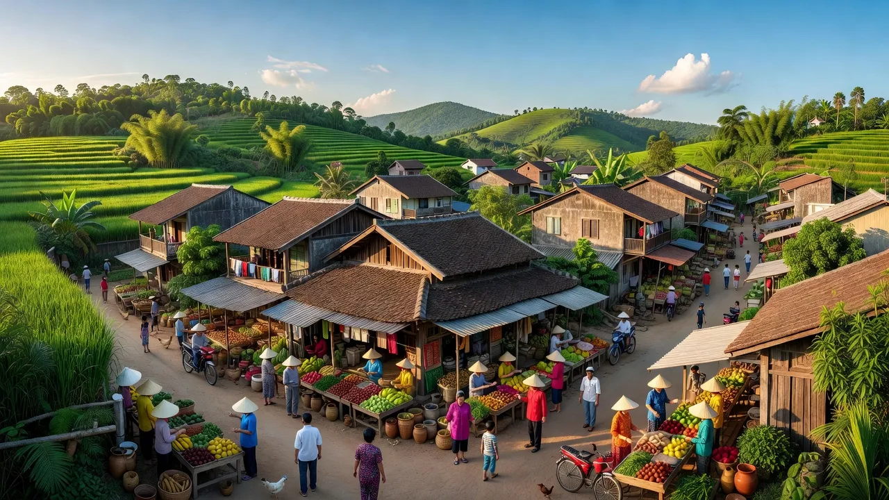 Khung cảnh thị trấn Bố Hạ, huyện Yên Thế, tỉnh Bắc Giang với nhà truyền thống và cảnh quan xanh tươi.