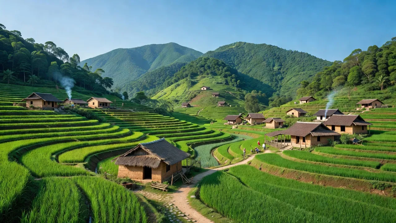 Xã Canh Nậu, Yên Thế, Bắc Giang với núi đồi xanh tươi và ruộng bậc thang.