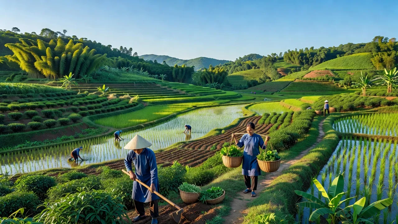 Cảnh đẹp xã Đồng Hưu, huyện Yên Thế, tỉnh Bắc Giang với cánh đồng xanh tươi và trời trong sáng.
