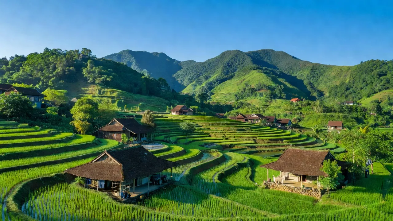 Khung cảnh xã Đồng Hưu huyện Yên Thế Bắc Giang, núi xanh và ruộng bậc thang, cuộc sống nông nghiệp.