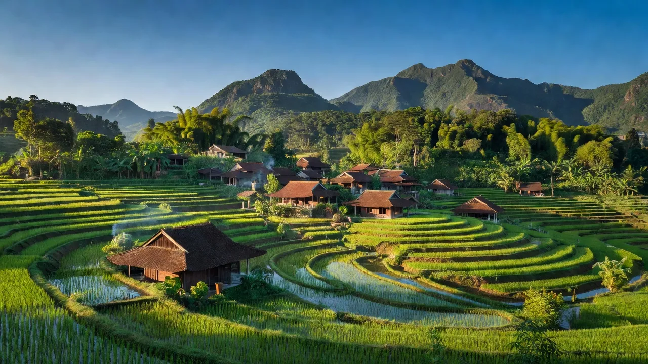 Khung cảnh làng Đồng Kỳ, huyện Yên Thế, Bắc Giang với cánh đồng và núi non tuyệt đẹp.
