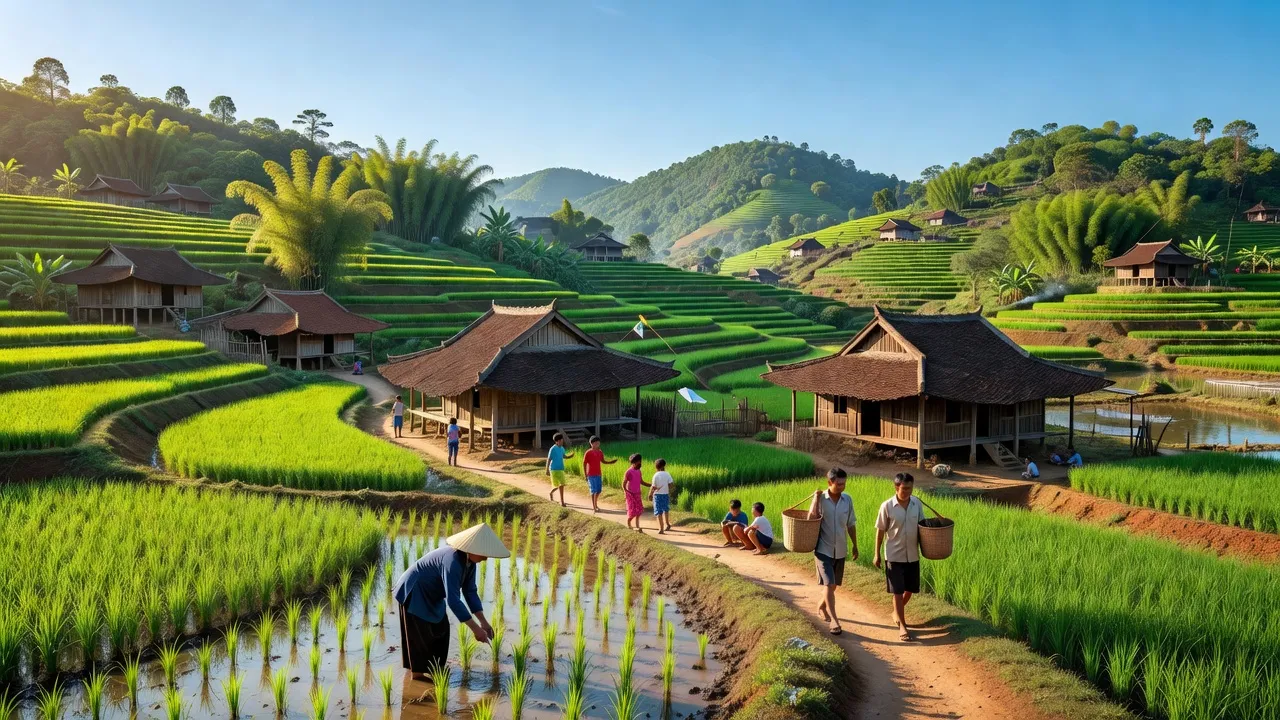 Khung cảnh xã Đông Sơn, huyện Yên Thế, tỉnh Bắc Giang với đồi núi xanh và nhà truyền thống.
