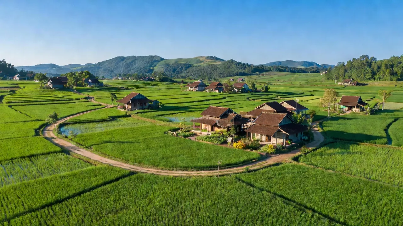 Cảnh đẹp xã Đồng Tâm, huyện Yên Thế, tỉnh Bắc Giang với đồng lúa xanh tươi và nhà truyền thống.