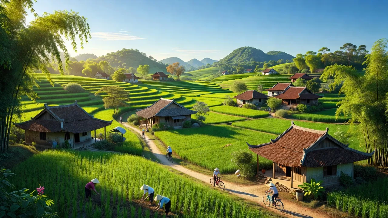Cảnh đẹp xã Đồng Tâm, huyện Yên Thế, tỉnh Bắc Giang với nhà truyền thống và thiên nhiên xanh mướt.