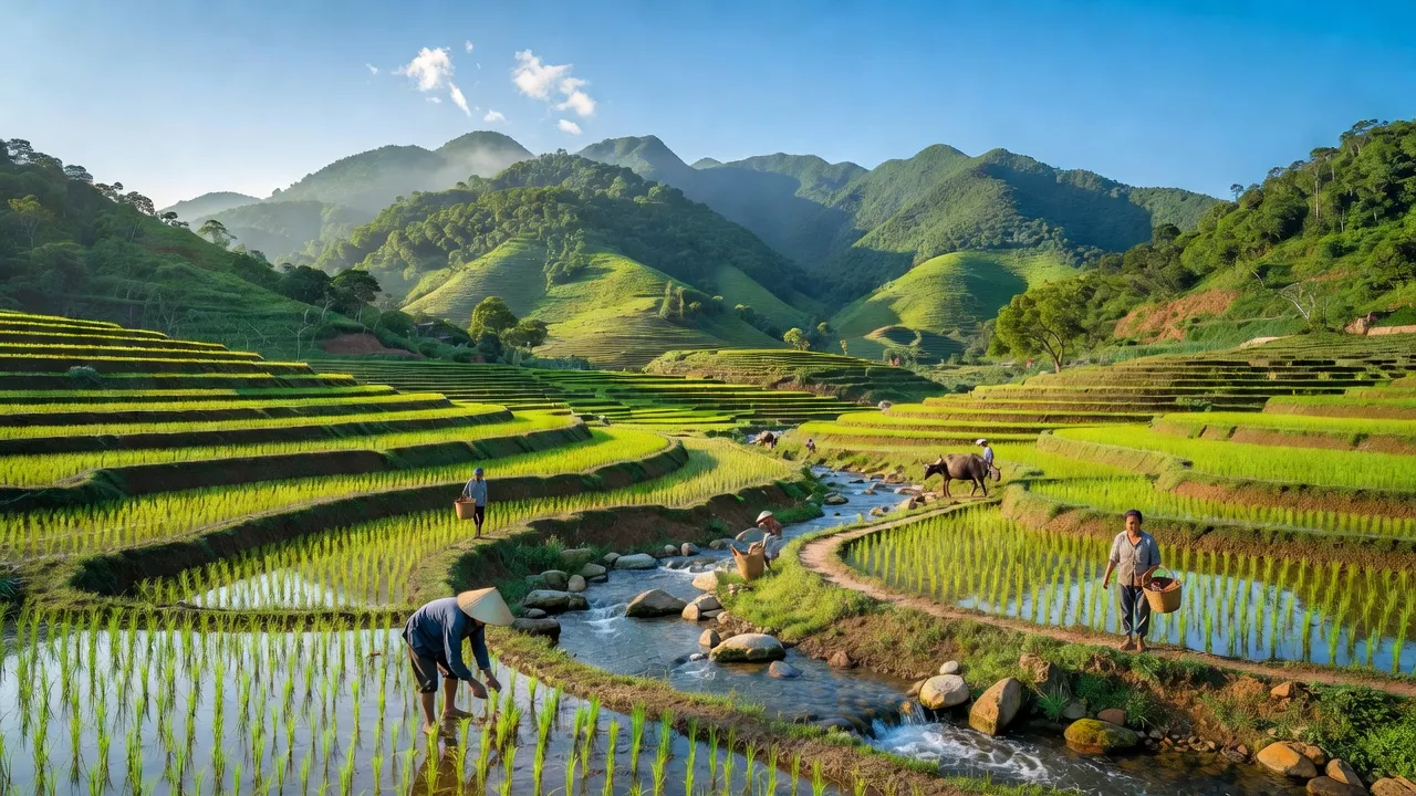 Khung cảnh xã Đồng Tiến, huyện Yên Thế, Bắc Giang với núi xanh, ruộng bậc thang và người dân làm việc.