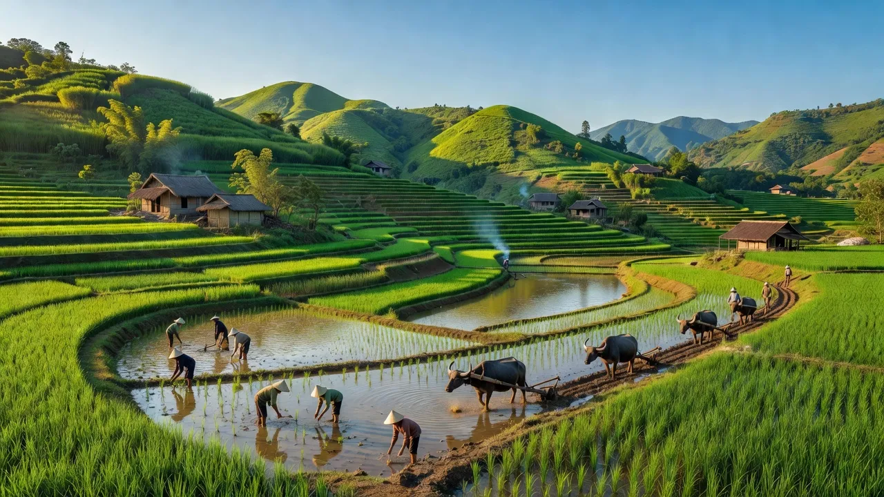 Cảnh sắc xã Đồng Vương, huyện Yên Thế, Bắc Giang với đồi xanh và hoạt động nông nghiệp.