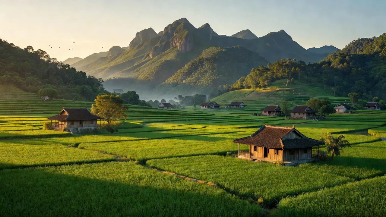 Khung cảnh xã Hương Vĩ, huyện Yên Thế, Bắc Giang với núi non và cánh đồng xanh.