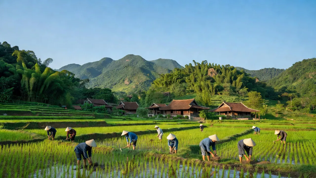 Khung cảnh bình yên xã Tân Hiệp, huyện Yên Thế, Bắc Giang với núi xanh và nhà cổ truyền.