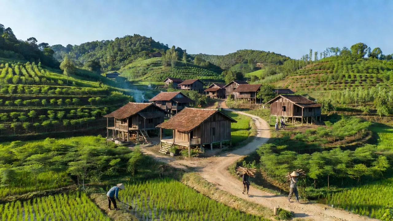 Cảnh quan xã Tiến Thắng, huyện Yên Thế, tỉnh Bắc Giang với đồi cây xanh tươi tốt.