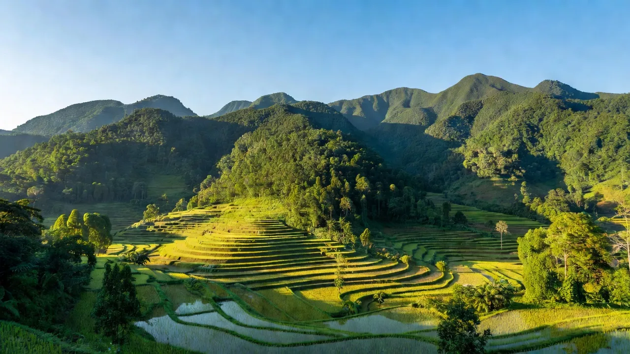 Cảnh thiên nhiên xã Tiến Thắng, huyện Yên Thế, tỉnh Bắc Giang với núi rừng và đồng ruộng xanh mướt.