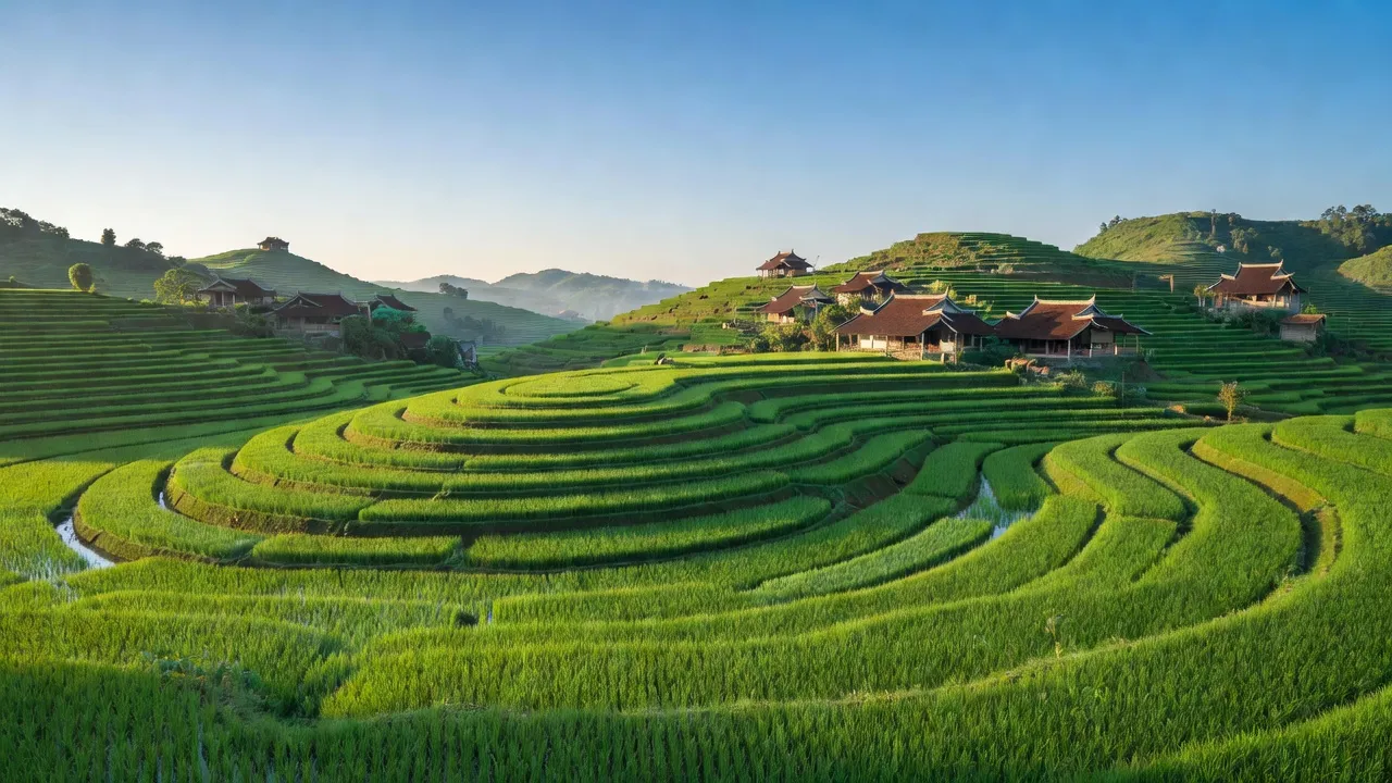 Cảnh đẹp xã Xuân Lương, huyện Yên Thế, tỉnh Bắc Giang với cánh đồng xanh tươi.
