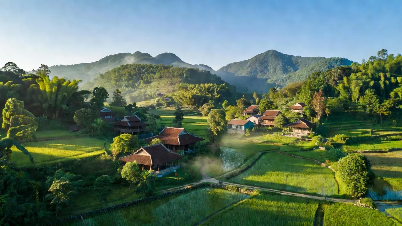 Cảnh sắc xã Xuân Lương, huyện Yên Thế, Bắc Giang với núi non và nhà truyền thống đẹp mắt.
