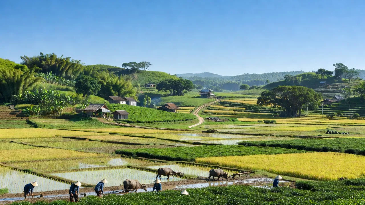 Khung cảnh tỉnh Bắc Giang, đồi núi thấp và cánh đồng xanh tươi, thể hiện sự đa dạng địa hình.