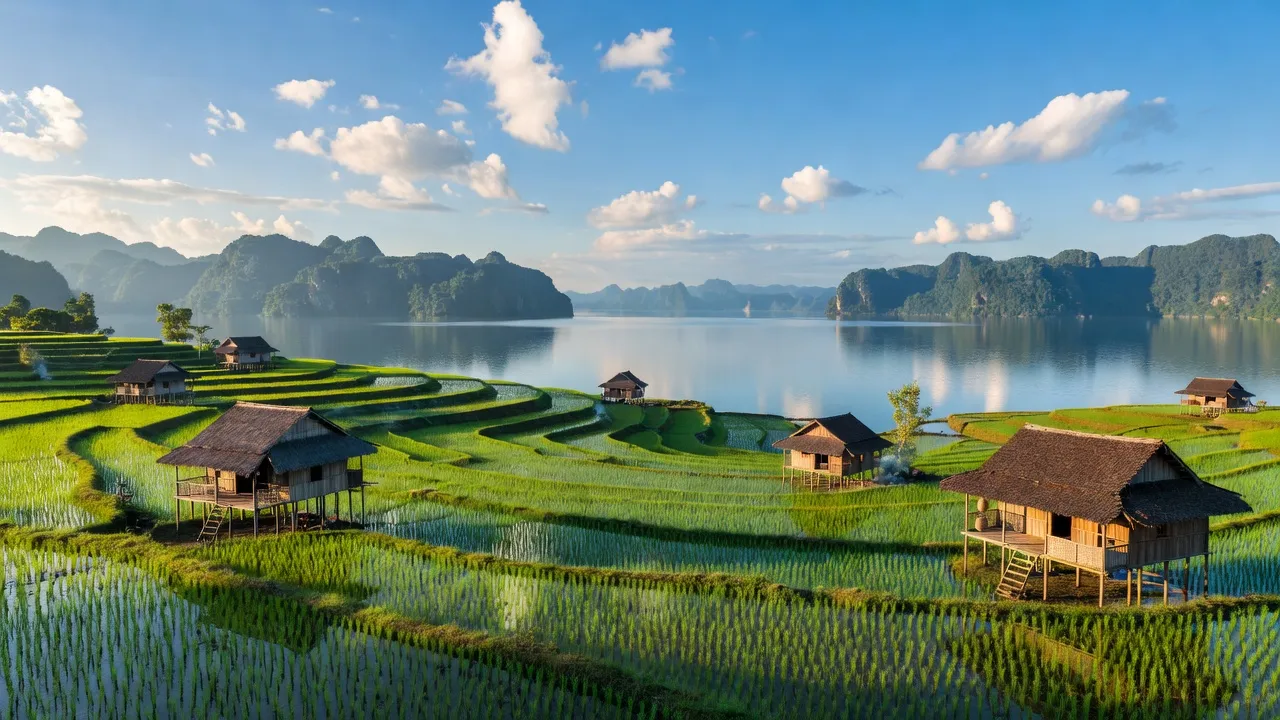 Phong cảnh yên bình xã Bành Trạch, huyện Ba Bể, tỉnh Bắc Kạn với hồ Ba Bể.