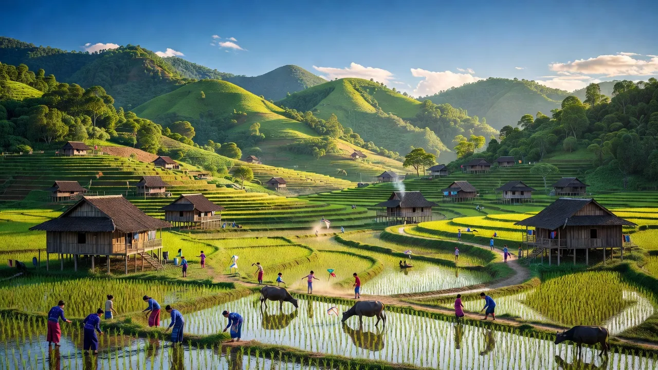 Cảnh đẹp xã Cao Thượng, huyện Ba Bể, Bắc Kạn với đồi núi xanh và nhà sàn truyền thống.