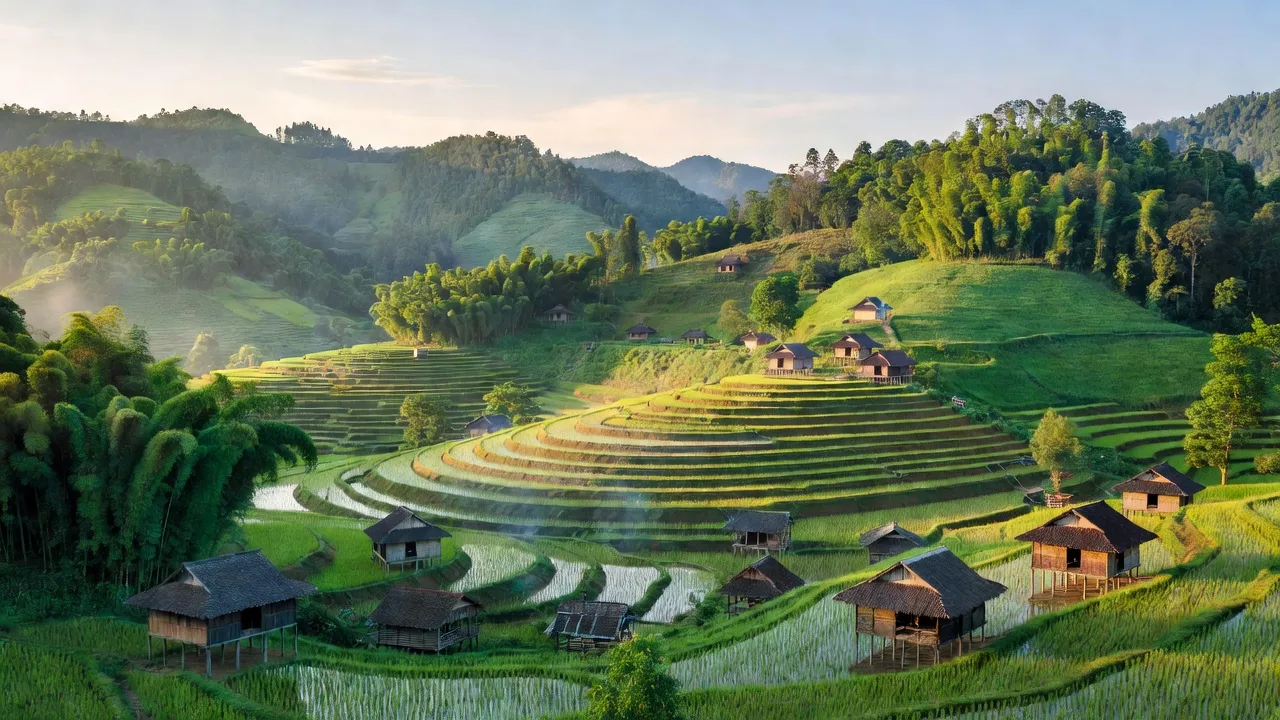 Cảnh nông thôn Xã Chu Hương, Ba Bể, Bắc Kạn với đồi núi và ruộng bậc thang.