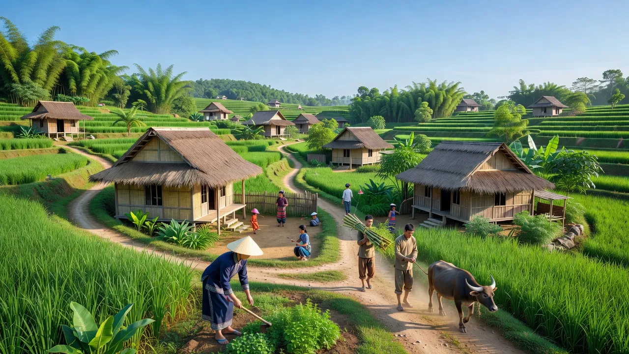 Khung cảnh xã Địa Linh, huyện Ba Bể, Bắc Kạn với nhà truyền thống và thiên nhiên xanh tươi.
