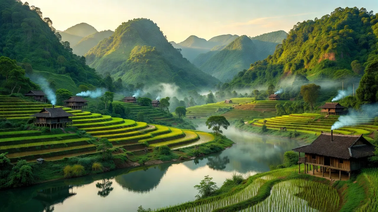 Khung cảnh xanh tươi của xã Địa Linh, huyện Ba Bể, Bắc Kạn với núi non và nhà truyền thống.