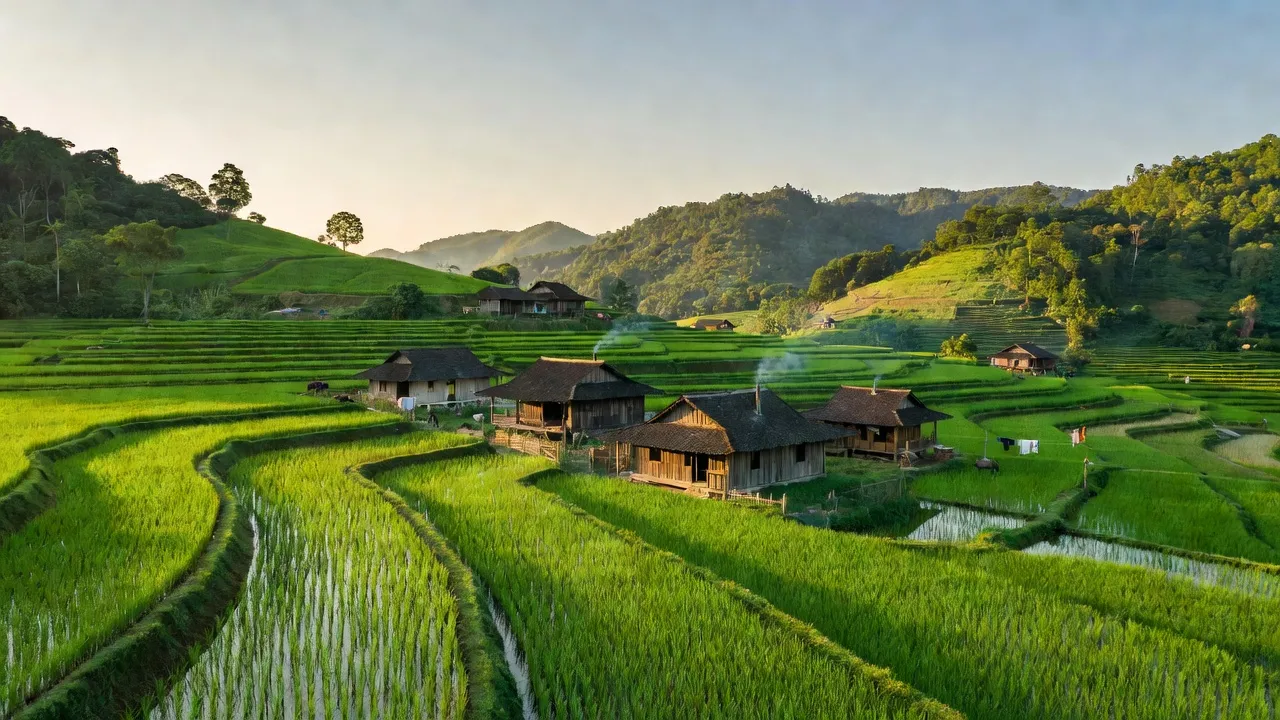 Cảnh quan đẹp xã Hà Hiệu, huyện Ba Bể, tỉnh Bắc Kạn với ruộng bậc thang và nhà truyền thống.