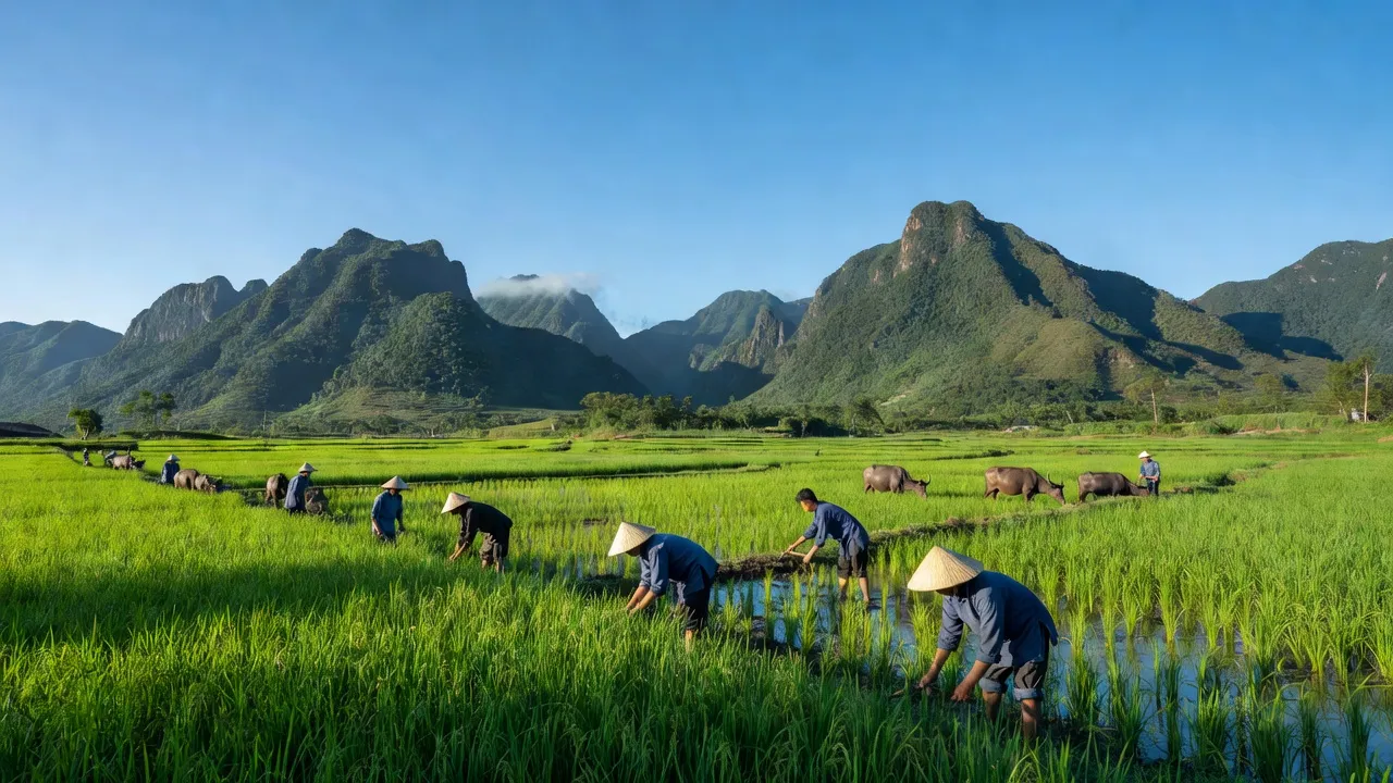 Cảnh thiên nhiên xã Hà Hiệu, huyện Ba Bể, Bắc Kạn với cánh đồng và núi xanh đẹp mắt.