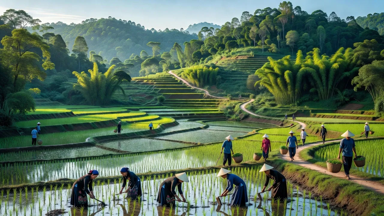 Khung cảnh xã Hoàng Trĩ huyện Ba Bể, Bắc Kạn, với đồi núi và đồng ruộng xanh tươi.