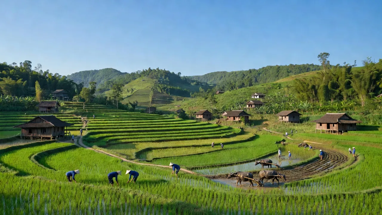 Cảnh quan xanh tươi của xã Khang Ninh, huyện Ba Bể, tỉnh Bắc Kạn với ruộng bậc thang và nhà gỗ.