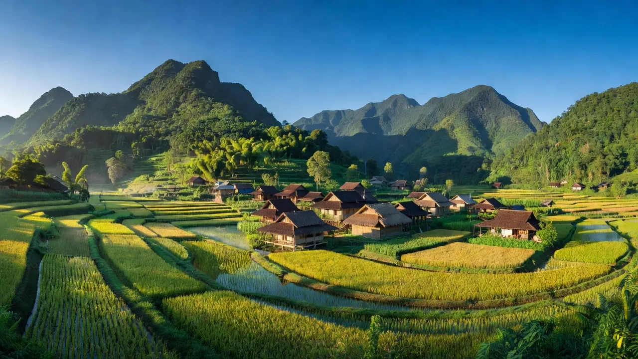 Khung cảnh tuyệt đẹp của xã Mỹ Phương, huyện Ba Bể, Bắc Kạn với núi non xanh tươi và ruộng đồng.