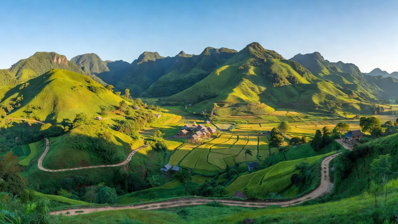 Phong cảnh xã Mỹ Phương, Ba Bể, Bắc Kạn với núi non xanh tươi và bầu trời trong lành.