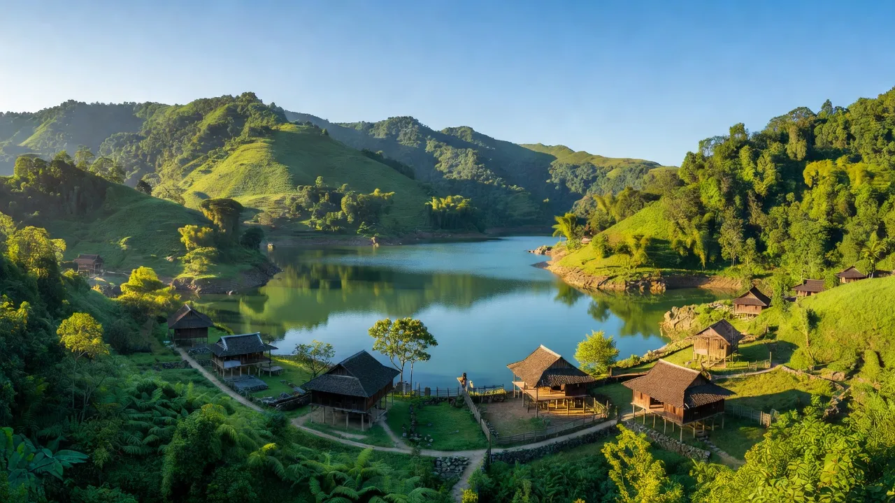Phong cảnh tươi đẹp ở xã Nam Mẫu, huyện Ba Bể, tỉnh Bắc Kạn, với Hồ Ba Bể và đồi núi xanh.