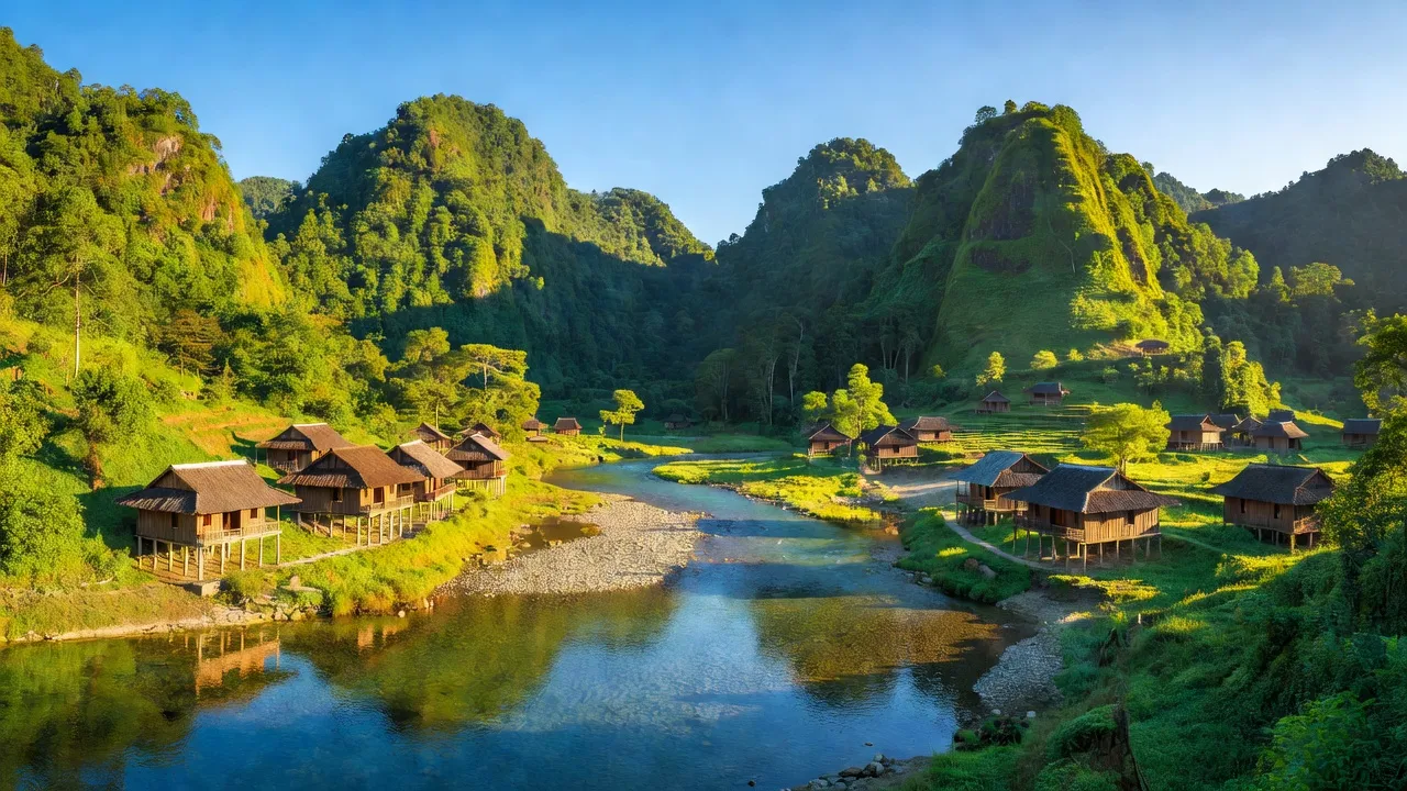 Khung cảnh thiên nhiên Phúc Lộc, Ba Bể, Bắc Kạn với núi non, sông suối và nắng đẹp.
