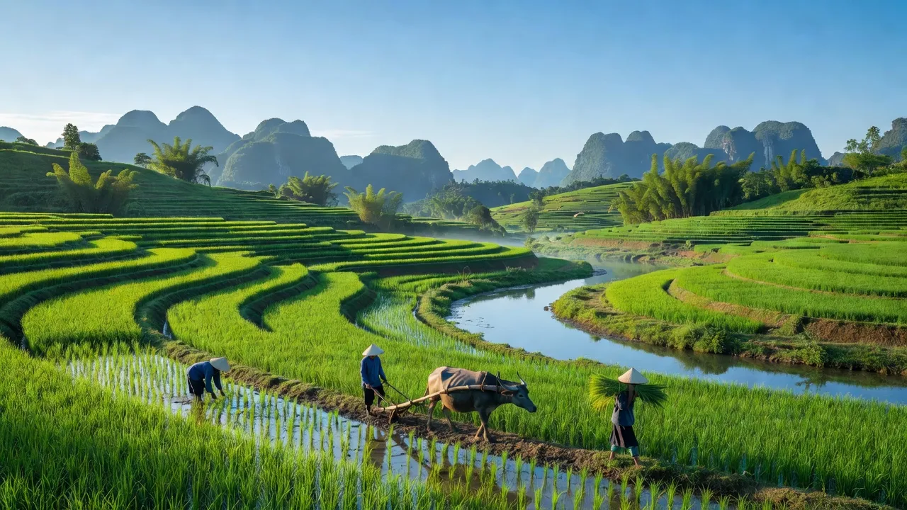 Khung cảnh yên bình ở xã Quảng Khê, huyện Ba Bể, Bắc Kạn với đồng ruộng xanh và đồi núi