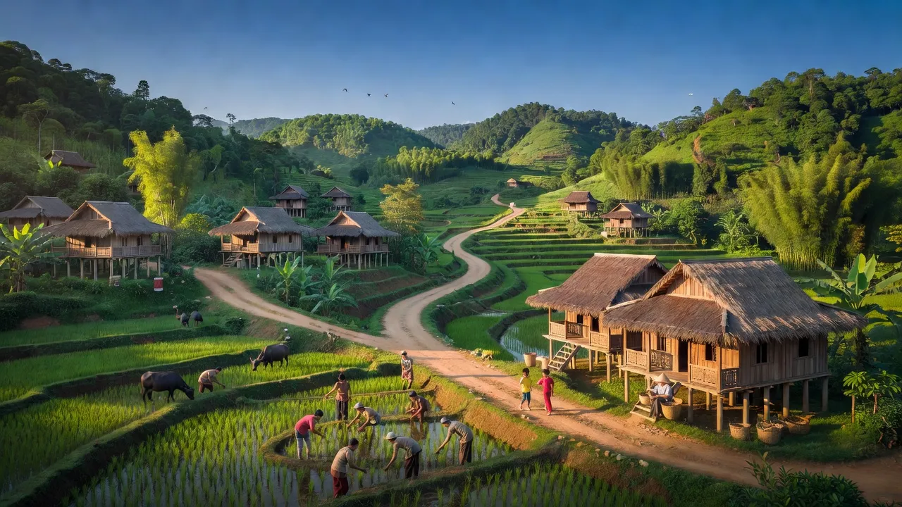 Quang Khê village in Ba Bể District, Bắc Kạn, lush green hills and traditional houses, rural beauty.