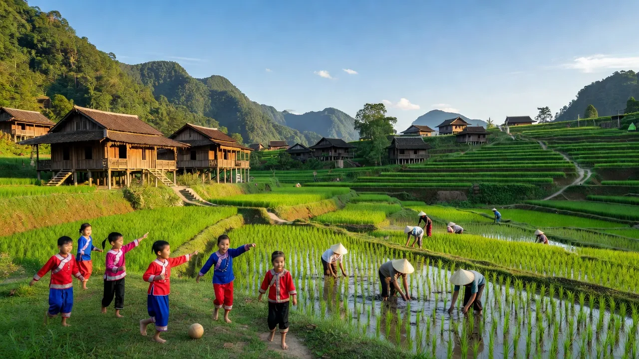 Cảnh quê Thượng Giáo, huyện Ba Bể, Bắc Kạn với nhà gỗ và đồng ruộng xanh mướt.