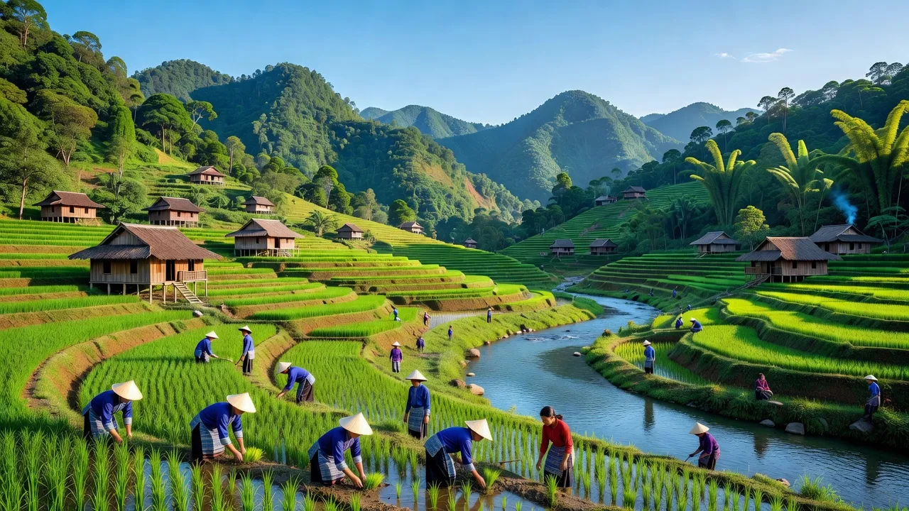Khung cảnh xã Thượng Giáo, huyện Ba Bể, Bắc Kạn với cánh đồng xanh và núi non hùng vĩ.