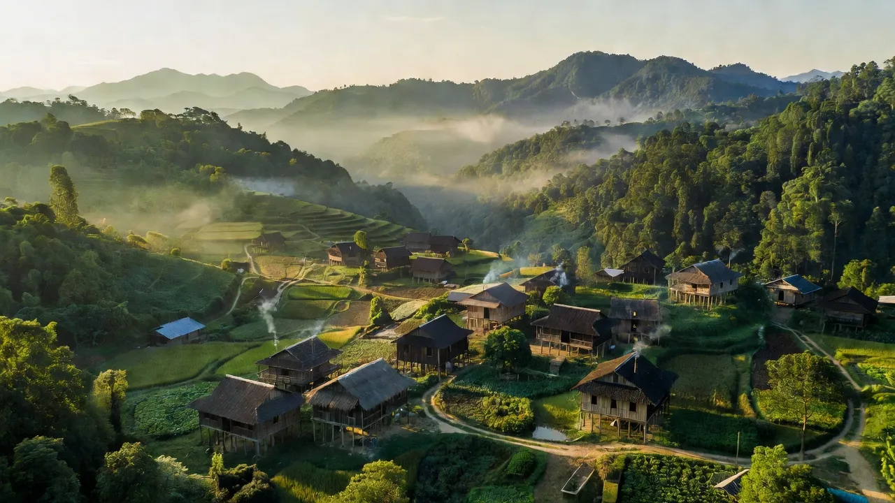 Khung cảnh huyện Bạch Thông, Bắc Kạn với rừng núi xanh tươi và nhà dân tộc truyền thống.