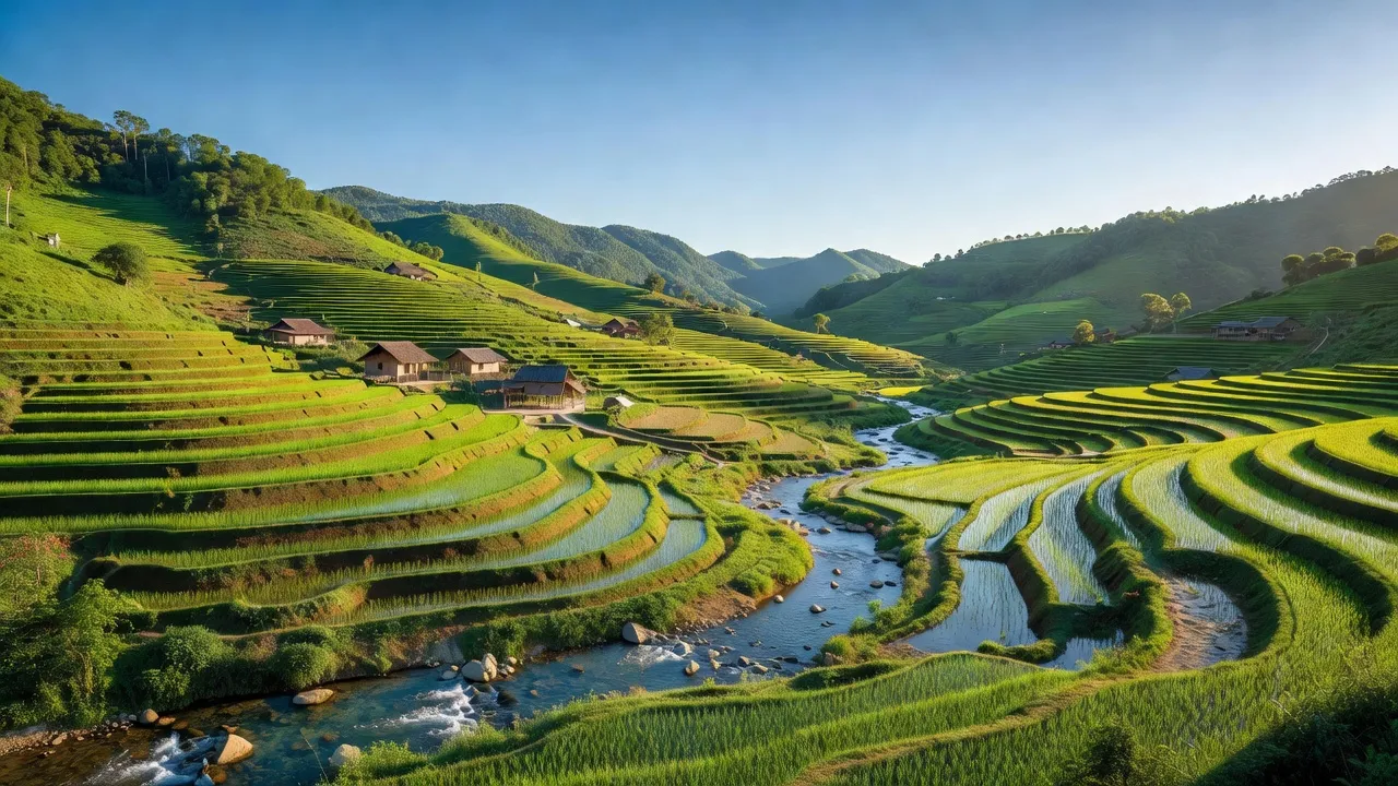 Cảnh đẹp xã Cao Sơn, huyện Bạch Thông, tỉnh Bắc Kạn với đồi núi xanh mát, ruộng bậc thang.