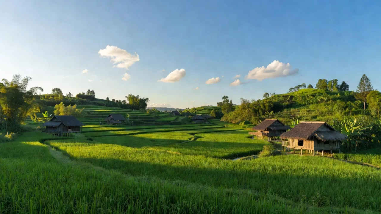 Cảnh quan Xã Đôn Phong, Huyện Bạch Thông, Bắc Kạn với cánh đồng xanh và đồi núi.