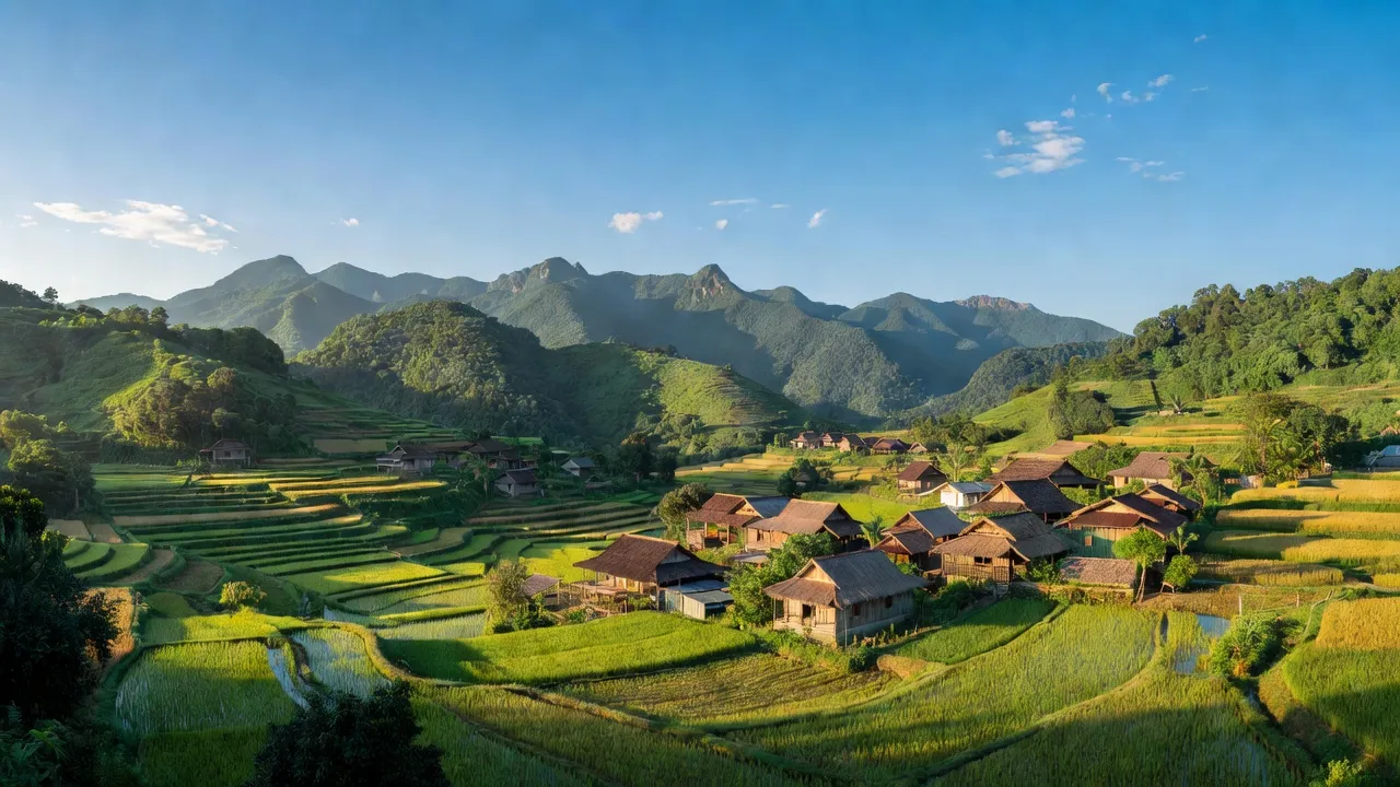 Khung cảnh xã Dương Phong, huyện Bạch Thông, Bắc Kạn với núi xanh và nhà sàn truyền thống.