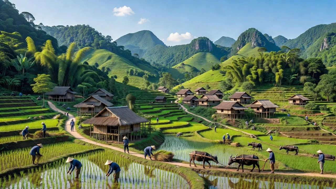 Khung cảnh làng Mỹ Thanh, huyện Bạch Thông, Bắc Kạn với đồi núi xanh tươi và nhà truyền thống.