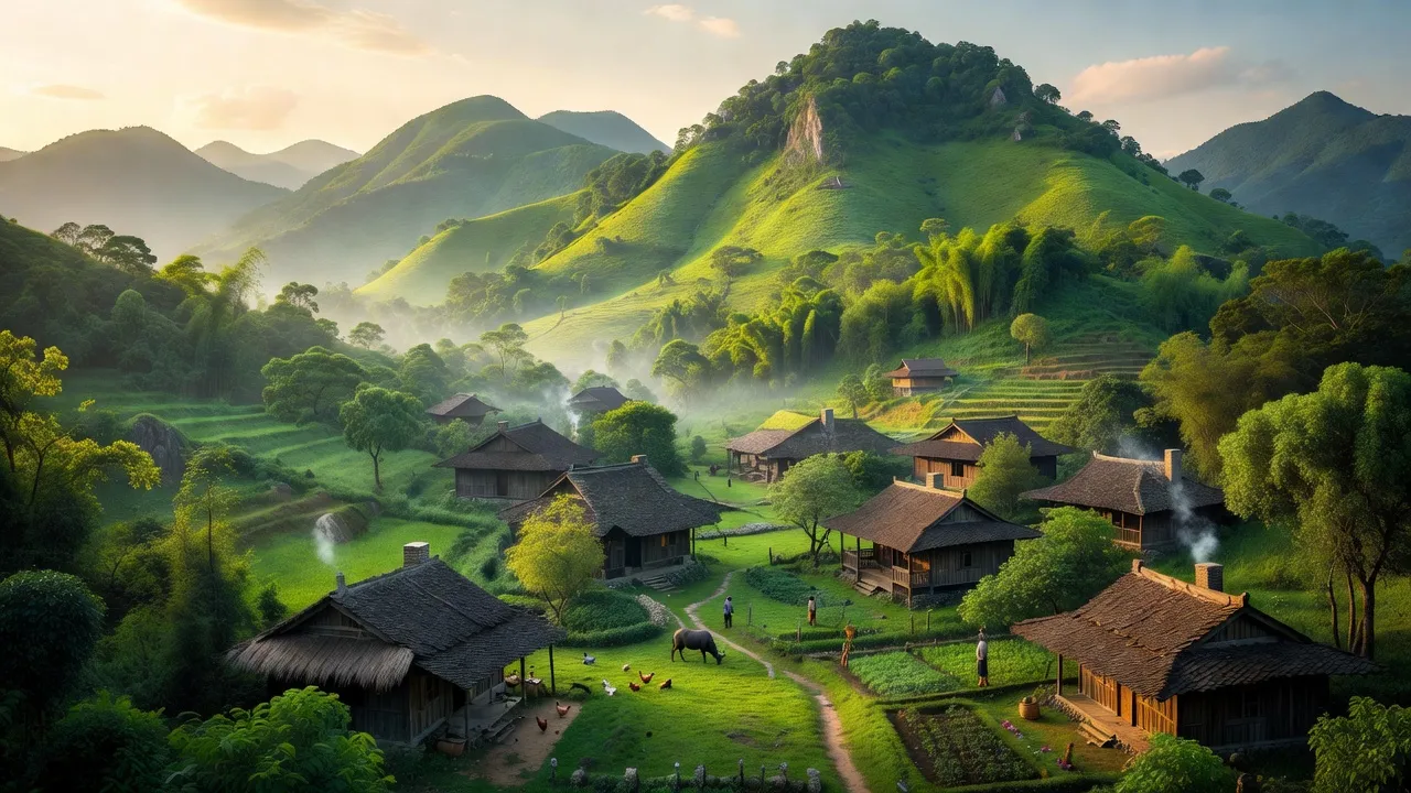 Quang cảnh xã Mỹ Thanh, huyện Bạch Thông, tỉnh Bắc Kạn với núi rừng xanh tươi và nhà sàn.