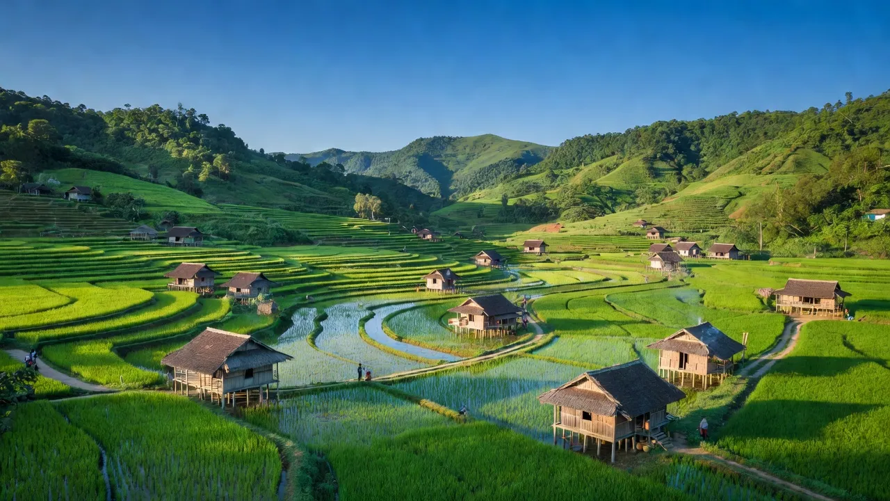 Quang cảnh Xã Nguyên Phúc, huyện Bạch Thông, Bắc Kạn với cánh đồng xanh và đồi núi.
