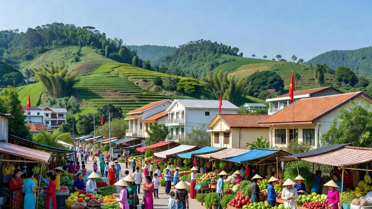 Khung cảnh sôi động của thị trấn Phủ Thông, huyện Bạch Thông, tỉnh Bắc Kạn với cảnh quan thiên nhiên.