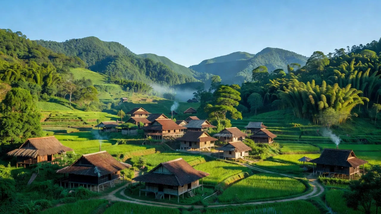 Khung cảnh xã Quân Hà, huyện Bạch Thông, tỉnh Bắc Kạn với núi xanh và nhà truyền thống.