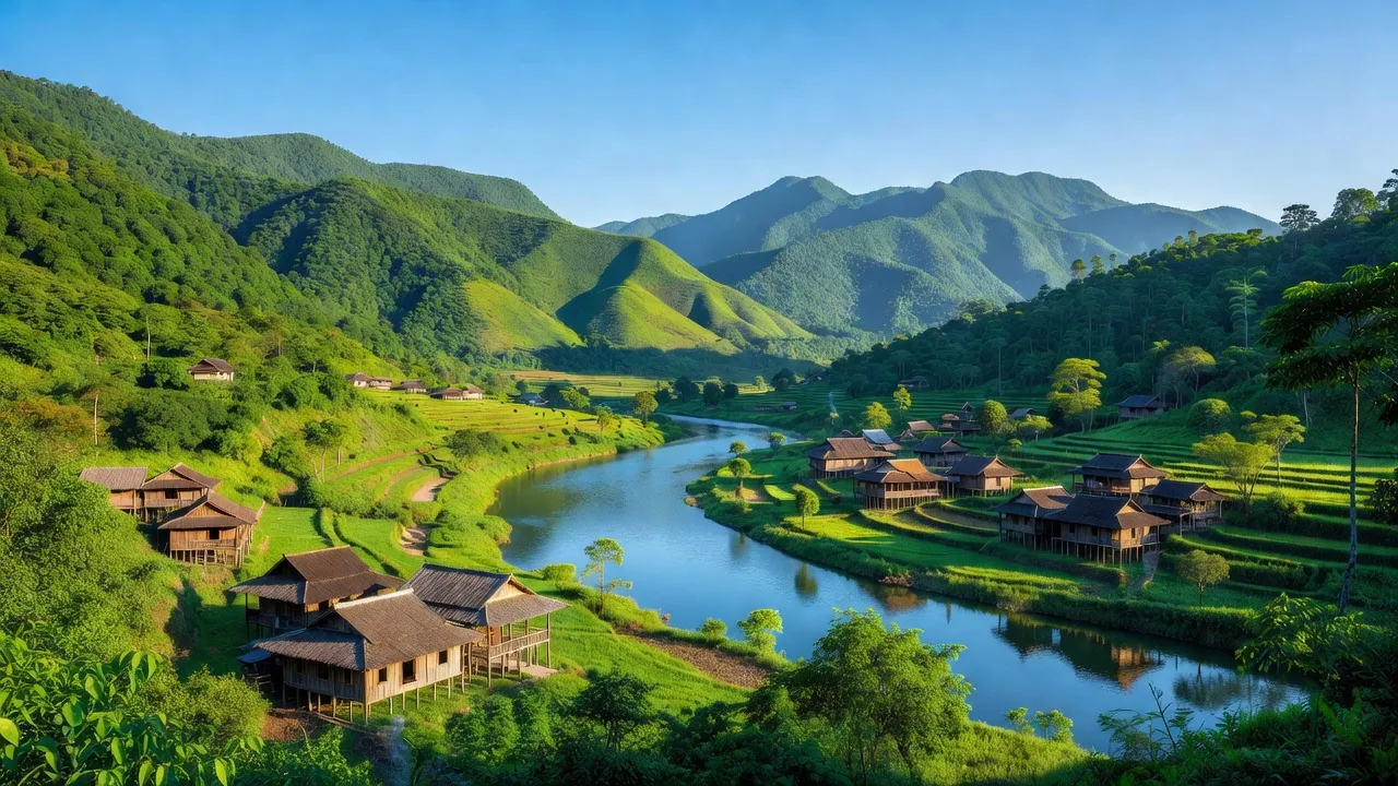 Khung cảnh yên bình của Xã Quang Thuận bên dòng sông Cầu, Bắc Kạn, thiên nhiên xanh tươi.