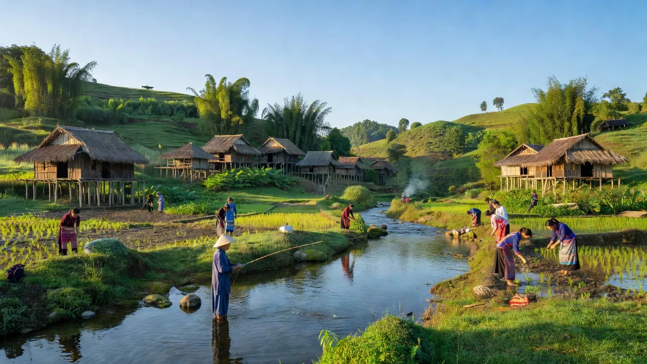 Khung cảnh yên bình ở xã Quang Thuận, huyện Bạch Thông, Bắc Kạn với sông Cầu và đồi núi xanh.