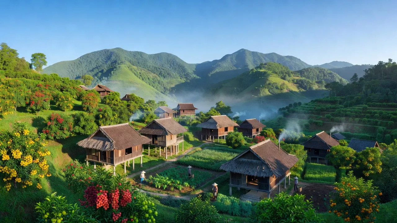 Khung cảnh Xã Sĩ Bình, huyện Bạch Thông, Bắc Kạn với núi đồi xanh tươi và nhà truyền thống.