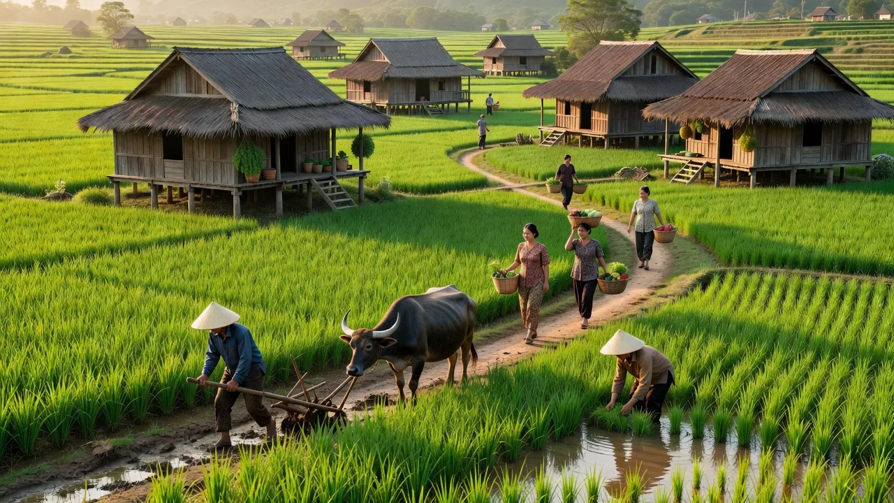 Khung cảnh nông thôn Tân Tú, Bạch Thông, Bắc Kạn với đồng ruộng và cuộc sống bình yên.