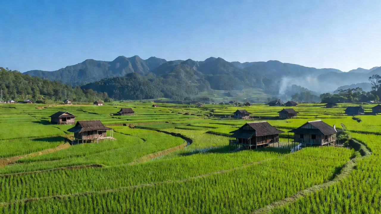 Khung cảnh Xã Tân Tú, huyện Bạch Thông, Bắc Kạn với cánh đồng xanh và nhà gỗ truyền thống.