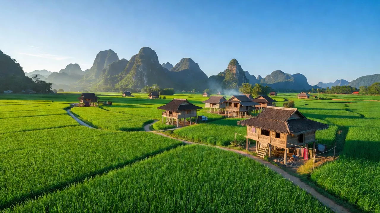 Cảnh thiên nhiên xã Vũ Muộn, huyện Bạch Thông, Bắc Kạn với núi, đồng xanh và nhà sàn.