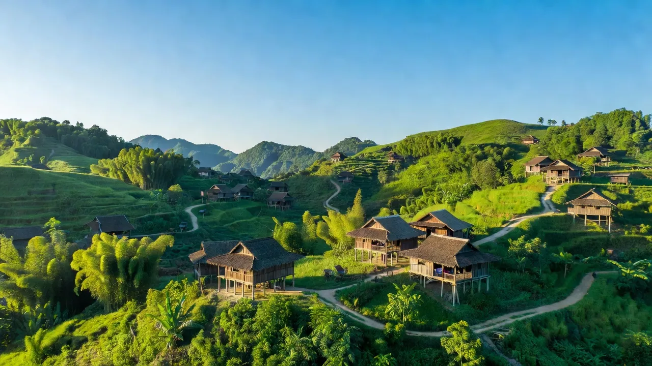 Khung cảnh huyện Chợ Đồn, Bắc Kạn với những ngọn đồi xanh và nhà cửa truyền thống.